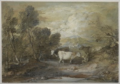 高台の池のほとりで3頭の牛を連れた牧夫、1780年代半ば（水彩、インク、油絵具に白チョークで彩色） 作： Thomas Gainsborough