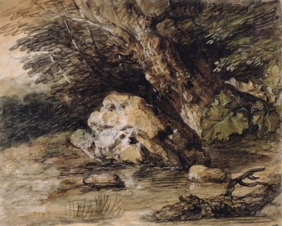 橋に近づく人物のいる丘陵の風景、1763年頃（紙とトイレとガッシュ） 作： Thomas Gainsborough