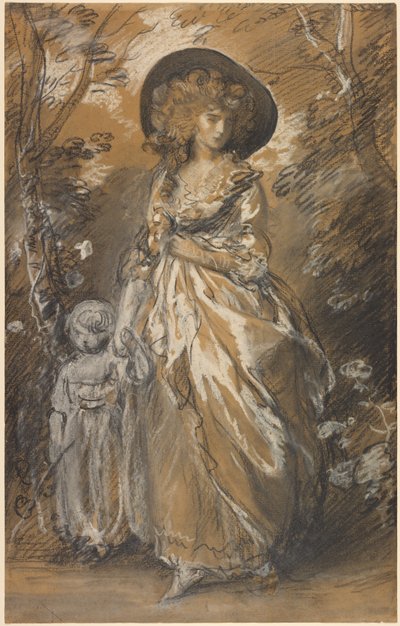 子供と一緒に庭を歩く女性 作： Thomas Gainsborough