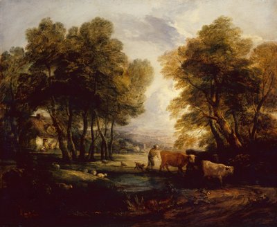 プールの近くに牧夫、牛、羊がいる樹木が茂った風景 (油) 作： Thomas Gainsborough
