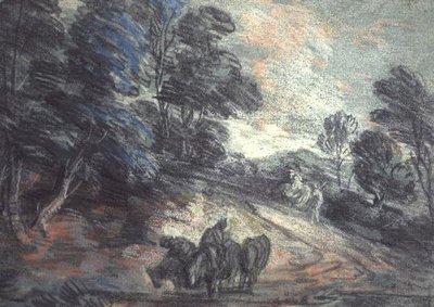 馬が酒を飲んでいる林間の風景（パステル） 作： Thomas Gainsborough