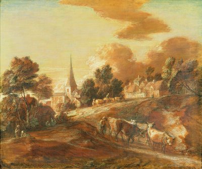 Drovers and Cattleのある架空の樹木が茂った村、c.1771-72（キャンバス上の紙に油とミクストメディア） 作： Thomas Gainsborough