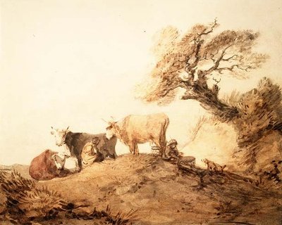 木の下の牛と犬（水彩画 作： Thomas Gainsborough