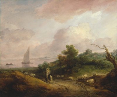 1783 年から 1784 年にかけての羊飼いと群れのいる海岸の風景。 作： Thomas Gainsborough