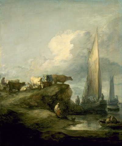 出荷と牛のいる海岸の風景 作： Thomas Gainsborough