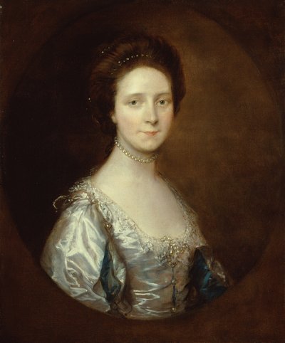 白いドレスと青いスラッシュスリーブを着たエリザベス・パリー（キャンバスに油彩） 作： Thomas Gainsborough