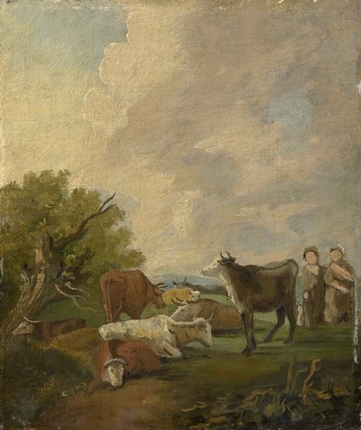 風景の中の人物と牛 作： Thomas Gainsborough