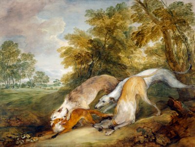 キツネを追いかけるグレイハウンド（キャンバスに油彩） 作： Thomas Gainsborough