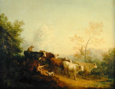 ポストに向かって牛を走らせるハーズマンたち（油彩・キャンバス） 作： Thomas Gainsborough