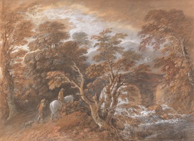 橋に近づく人影のある丘陵の風景 作： Thomas Gainsborough