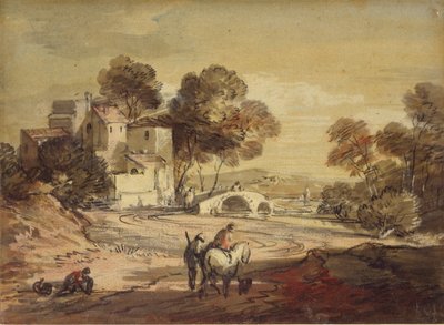 曲がりくねった道に旅行者がいるイタリア風の風景、1775-1779 作： Thomas Gainsborough