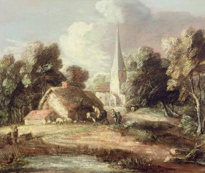 教会、コテージ、村人と動物のいる風景、c.1771-2（黒いチョークでキャンバスに油彩） 作： Thomas Gainsborough