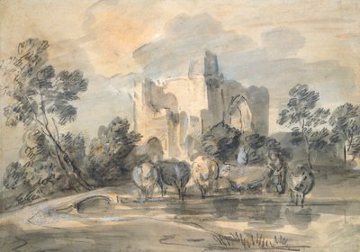 荒廃した城のある風景とプールのそばの牛、1770年代 作： Thomas Gainsborough