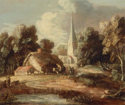 1771 年から 1772 年にかけての、コテージと教会のある風景。 作： Thomas Gainsborough