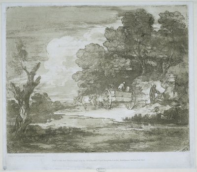 ウォーターフロントと森の端に沿って馬が引く戦車のある風景 作： Thomas Gainsborough