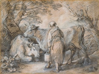 2 頭の牛を連れた乳搾り女、18 世紀半ば 作： Thomas Gainsborough