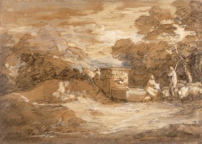 人物のいる山の風景、羊と噴水、c.1785-88（灰色のウォッシュ、油、簀の紙に黒いチョーク） 作： Thomas Gainsborough