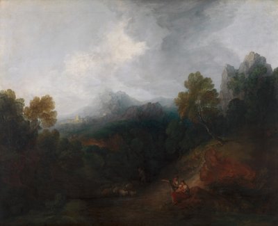 1773 年から 1777 年にかけての人物と遠方の村のある山の谷。 作： Thomas Gainsborough