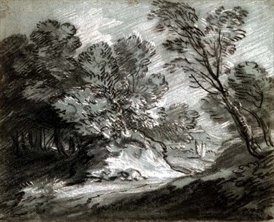 No.0975 遠くの山がある森の風景（ブルーペーパーにチョーク 作： Thomas Gainsborough