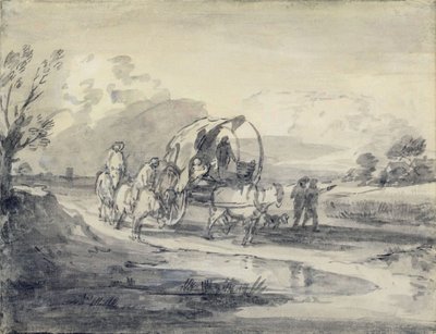 Herdsmanとカバードカートのあるオープンランドスケープ、c.1780-85（灰色と黒色のウォッシュとチョークを紙の上に置いた） 作： Thomas Gainsborough