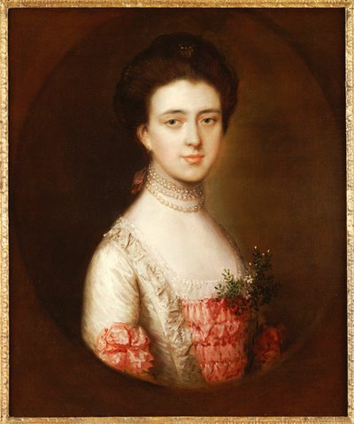 レースと真珠のネックレスでトリミングされたピンクと白のドレスを着た女性の肖像、バスト丈 作： Thomas Gainsborough