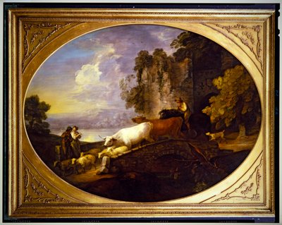 素朴な恋人たちのいる川の風景 作： Thomas Gainsborough