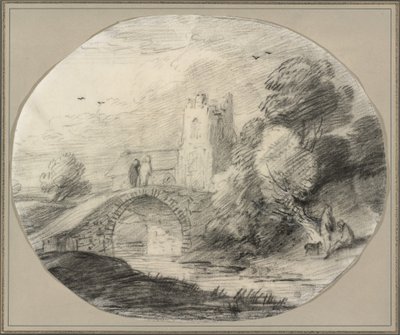 橋と教会のある川の風景 作： Thomas Gainsborough