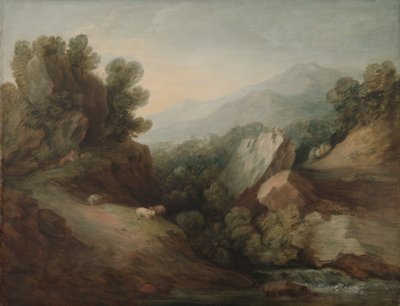 デルと堰のある、岩が多く樹木が茂った風景 作： Thomas Gainsborough
