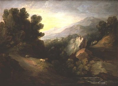 滝のそばの羊のいる岩の多い森の風景 作： Thomas Gainsborough