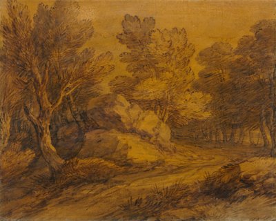 森の中を曲がりくねった道のあるシーン 作： Thomas Gainsborough