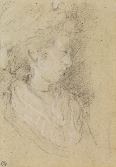 モブキャップをかぶった女性の研究（網目紙に白黒のチョーク） 作： Thomas Gainsborough