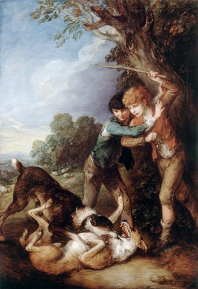 Dois pastorinhos brigando com cachorros (óleo sobre tela) 作： Thomas Gainsborough