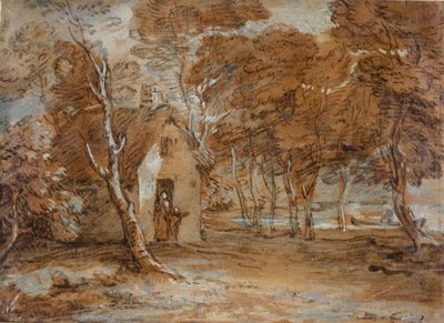 樹木が茂った風景、コテージ、フィギュア、湖のボート、1783-1785。 作： Thomas Gainsborough