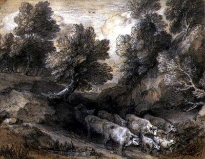 牛とヤギのいる森の風景」1768年～72年頃（紙に白黒のチョーク） 作： Thomas Gainsborough