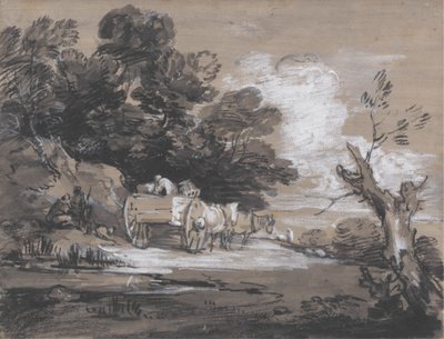 カントリーカートとフィギュアのある樹木が茂った風景 作： Thomas Gainsborough