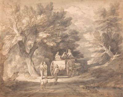 カントリー カートと車線を歩いている人物がいる樹木が茂った風景 作： Thomas Gainsborough