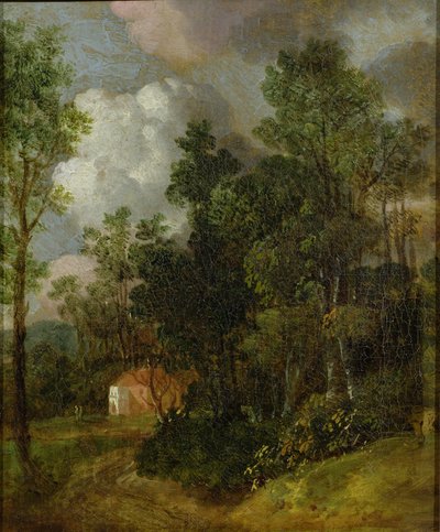 カントリーハウスと2つの人物が描かれた樹木が茂った風景、1752年頃（キャンバスに油彩、キャンバスに配置） 作： Thomas Gainsborough