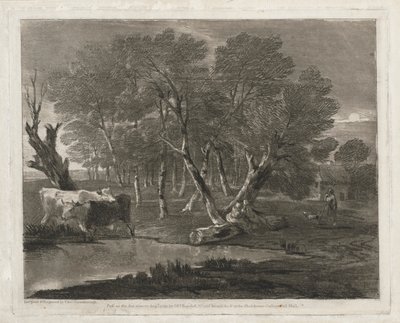プール、フィギュア、コテージの横に牛がいる樹木が茂った風景 作： Thomas Gainsborough
