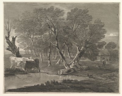 プール、フィギュア、コテージの横に牛がいる森の風景、1775-80。 作： Thomas Gainsborough
