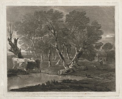 1797年に出版された、プール、フィギュア、コテージの横にある牛のいる森の風景。 作： Thomas Gainsborough