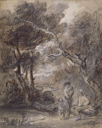 人物のいる樹木が茂った風景、1788年頃（紙にチョーク、ウォッシュ、ガッシュ） 作： Thomas Gainsborough