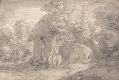 コテージのドアの外に人物がいる樹木が茂った風景 作： Thomas Gainsborough