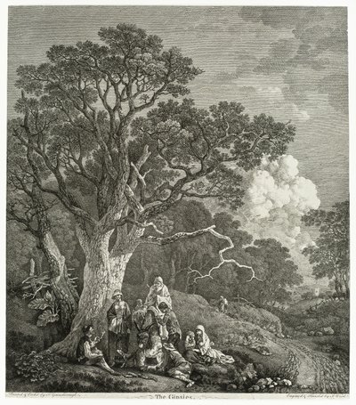 ジプシーが火の周りに集まった樹木が茂った風景 作： Thomas Gainsborough