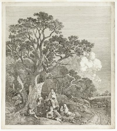 ジプシーが火の周りに集まった樹木が茂った風景 作： Thomas Gainsborough
