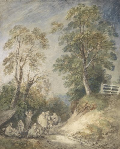 ジプシーの野営地のある樹木が茂った風景、c.1760-65（紙に鉛筆とチョークで水彩とガッシュ） 作： Thomas Gainsborough