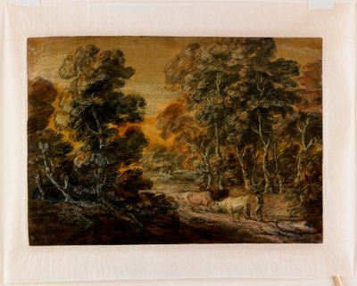 牧夫と牛のいる森の風景、1770年頃（黒と白のチョーク、ニス塗り） 作： Thomas Gainsborough