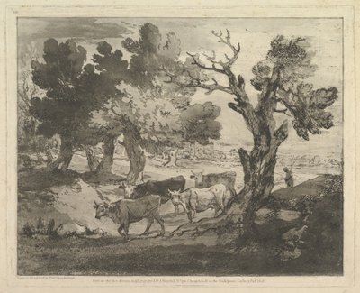 牧夫と牛のいる森の風景、1797年8月1日。 作： Thomas Gainsborough