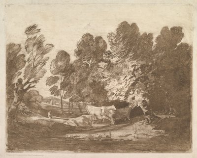 牧夫と牛のいる森の風景、1797年8月1日。 作： Thomas Gainsborough