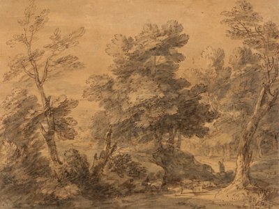 羊飼いと羊のいる樹木が茂った風景 作： Thomas Gainsborough