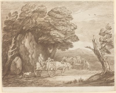2 つのカントリー カートとフィギュアのある樹木が茂った風景 作： Thomas Gainsborough